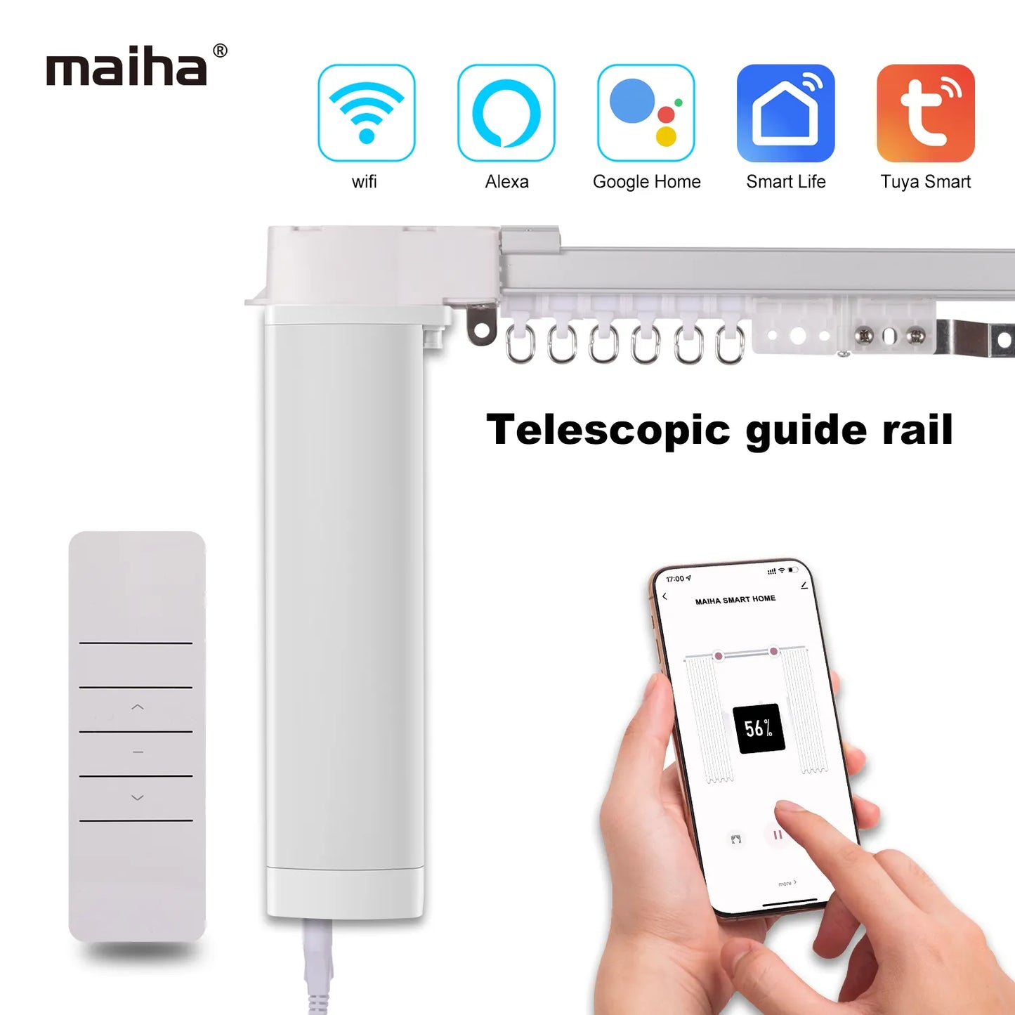 Wifi Electric Smart Curtain Motor Motorized System Scalable 20cm Track Rod Intelligent Support Alexa Google Assist