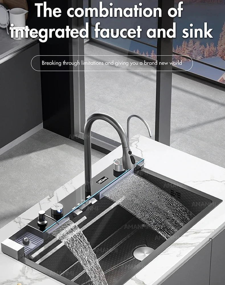 Stainless Steel Waterfall future Kitchen Sink Digital Display